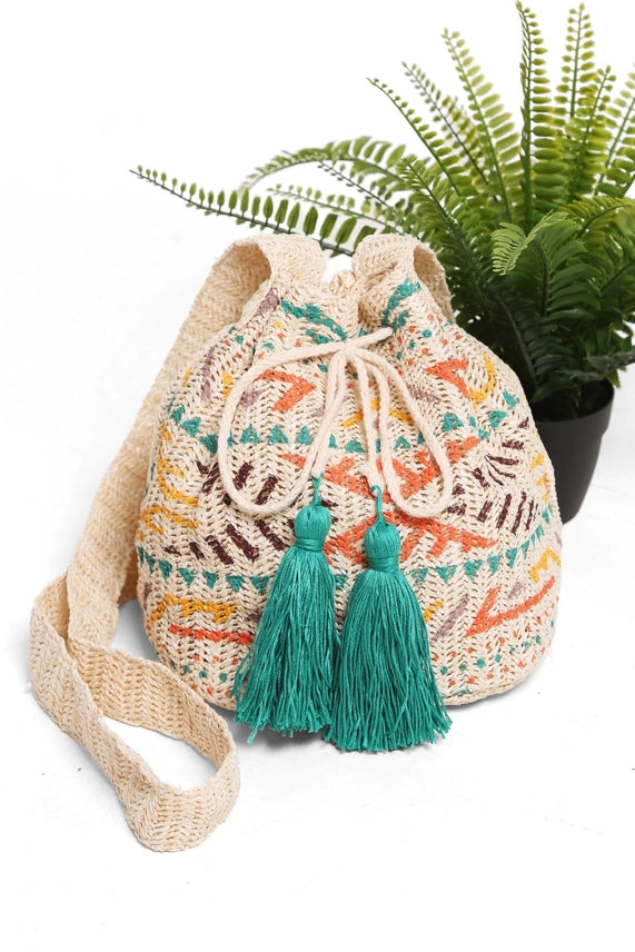 Tribal Straw Bucket Bag