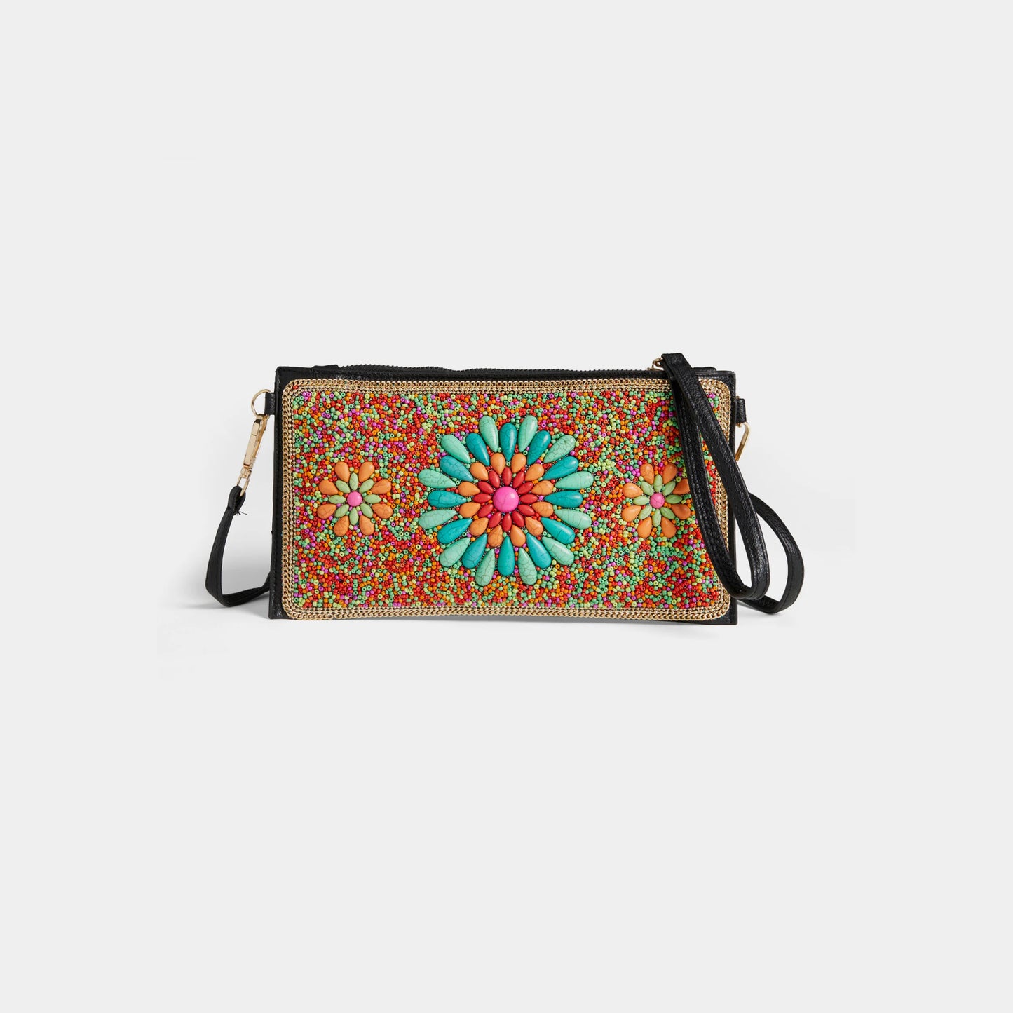 Artisan Beaded Clutch/Crossbody- Blue/Orange Floral