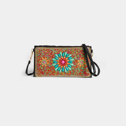 Artisan Beaded Clutch/Crossbody- Blue/Orange Floral