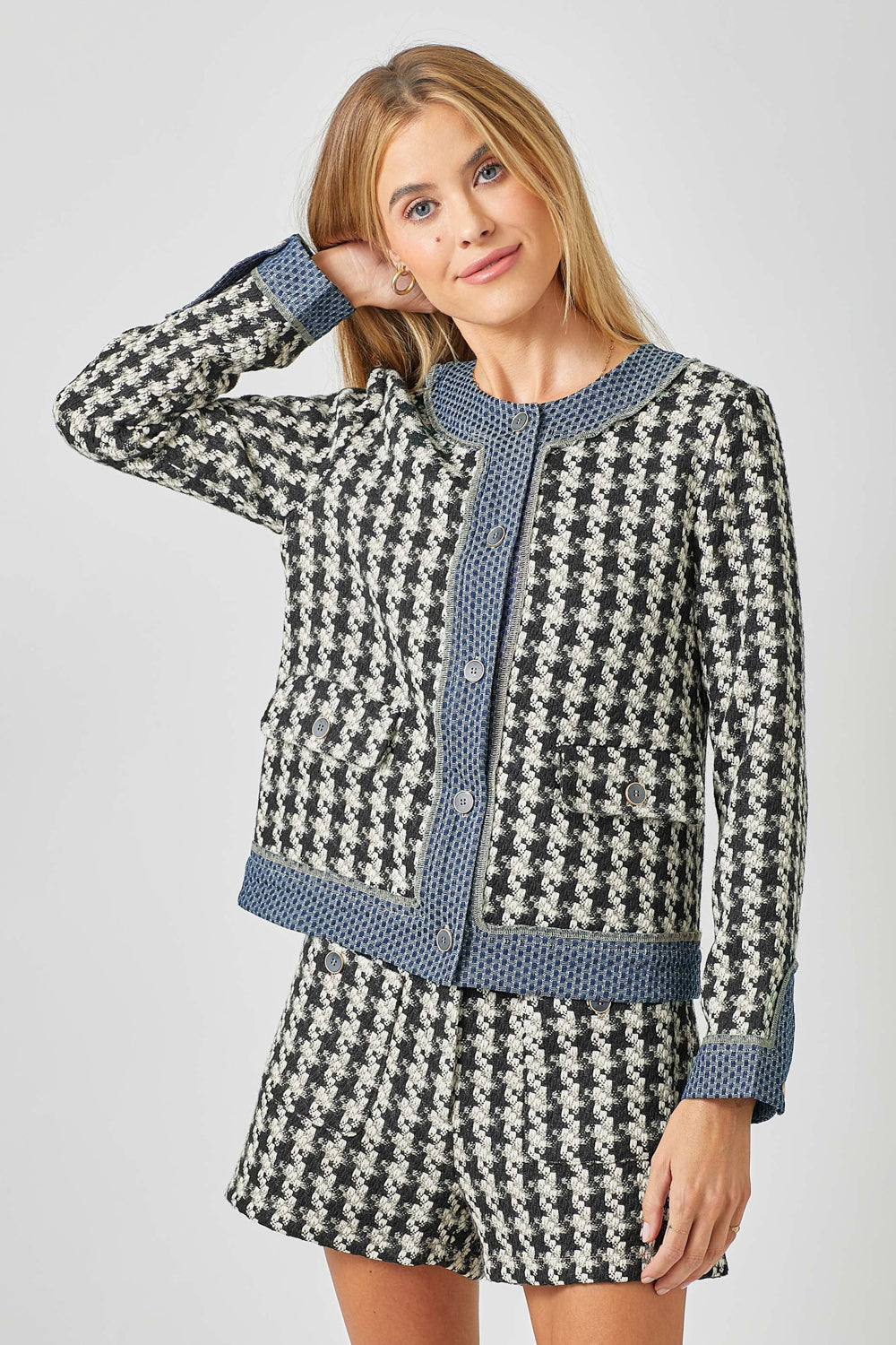 Tweed Jacket black & white with denim detail