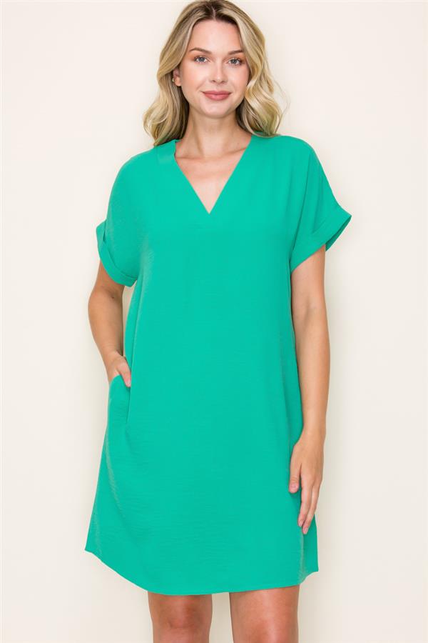 V Neck Pleated Center  Short Sleeve Dress