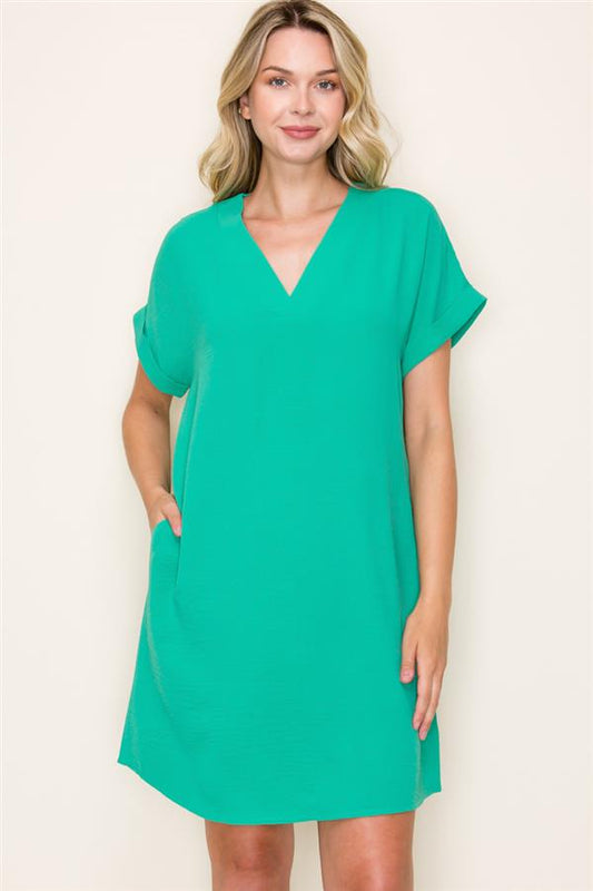 V Neck Pleated Center  Short Sleeve Dress