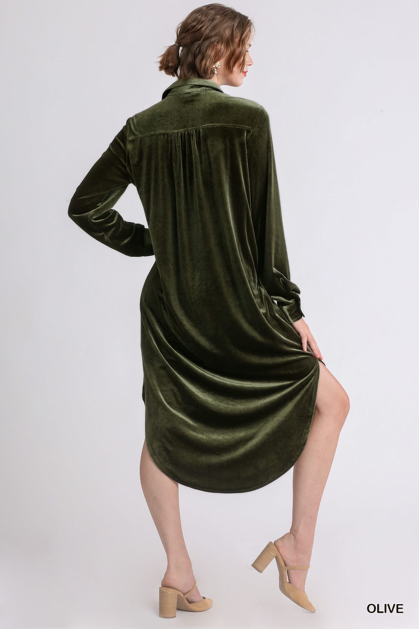 Olive Velour Dress Button Down Front