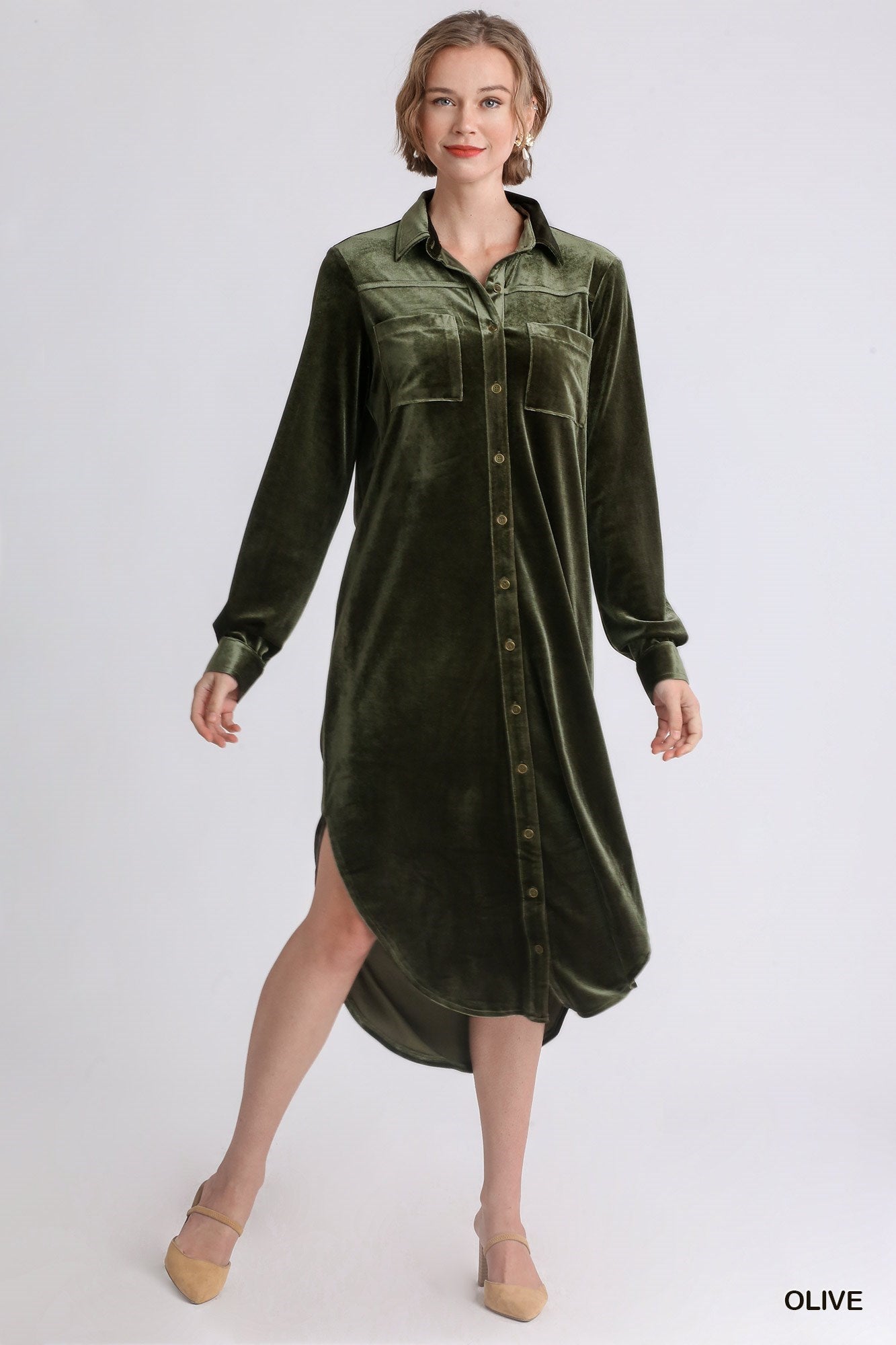 Olive Velour Dress Button Down Front