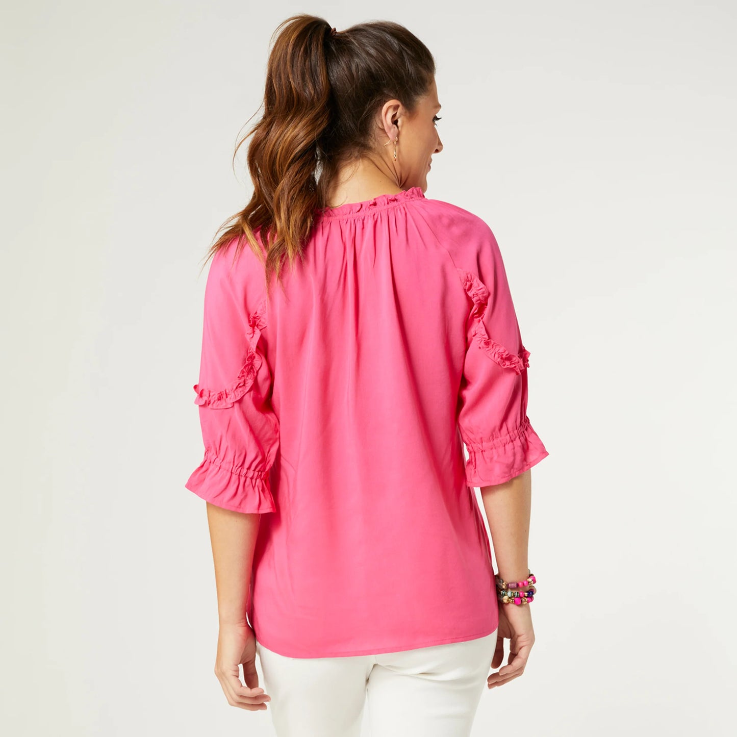 Alice V-Neck Ruffle Sleeve Top Bright Rose