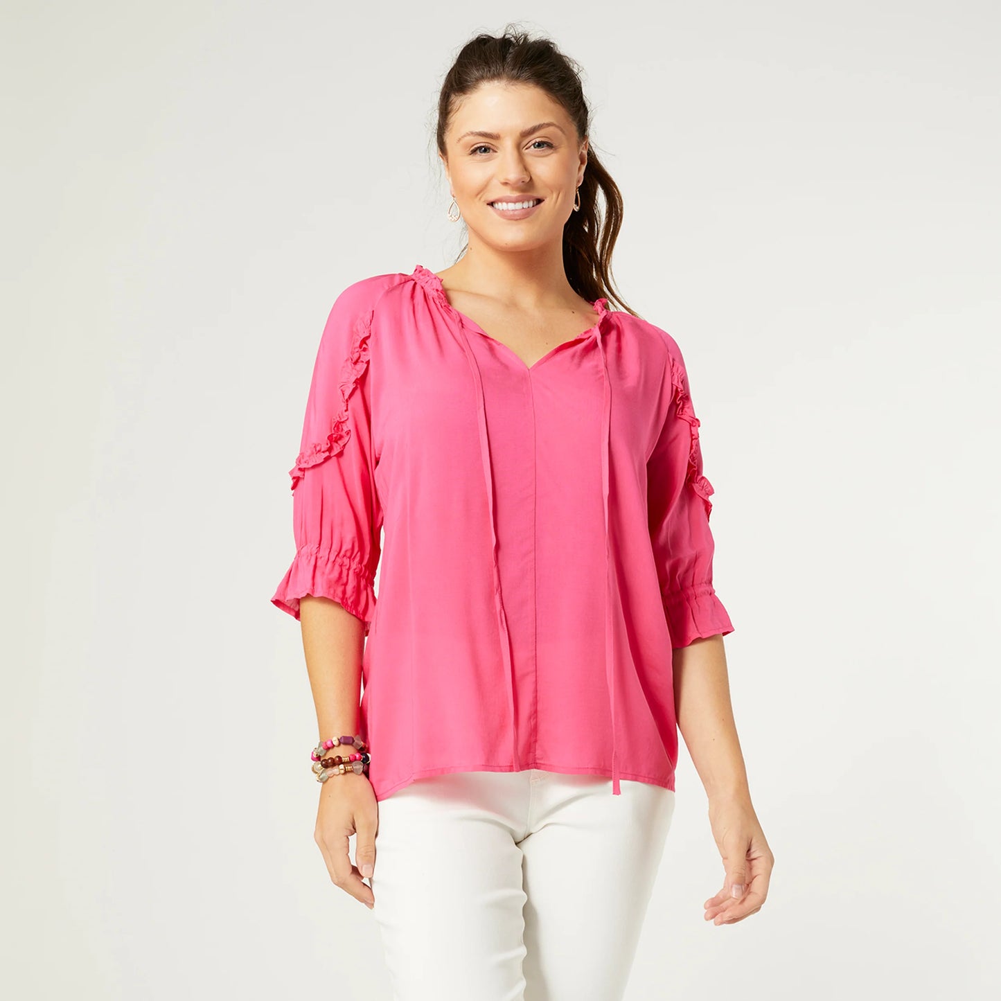 Alice V-Neck Ruffle Sleeve Top Bright Rose