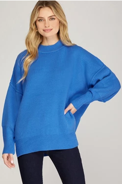 Drop Shoulder Oversized Mock Neck Sweater in Diva Blue