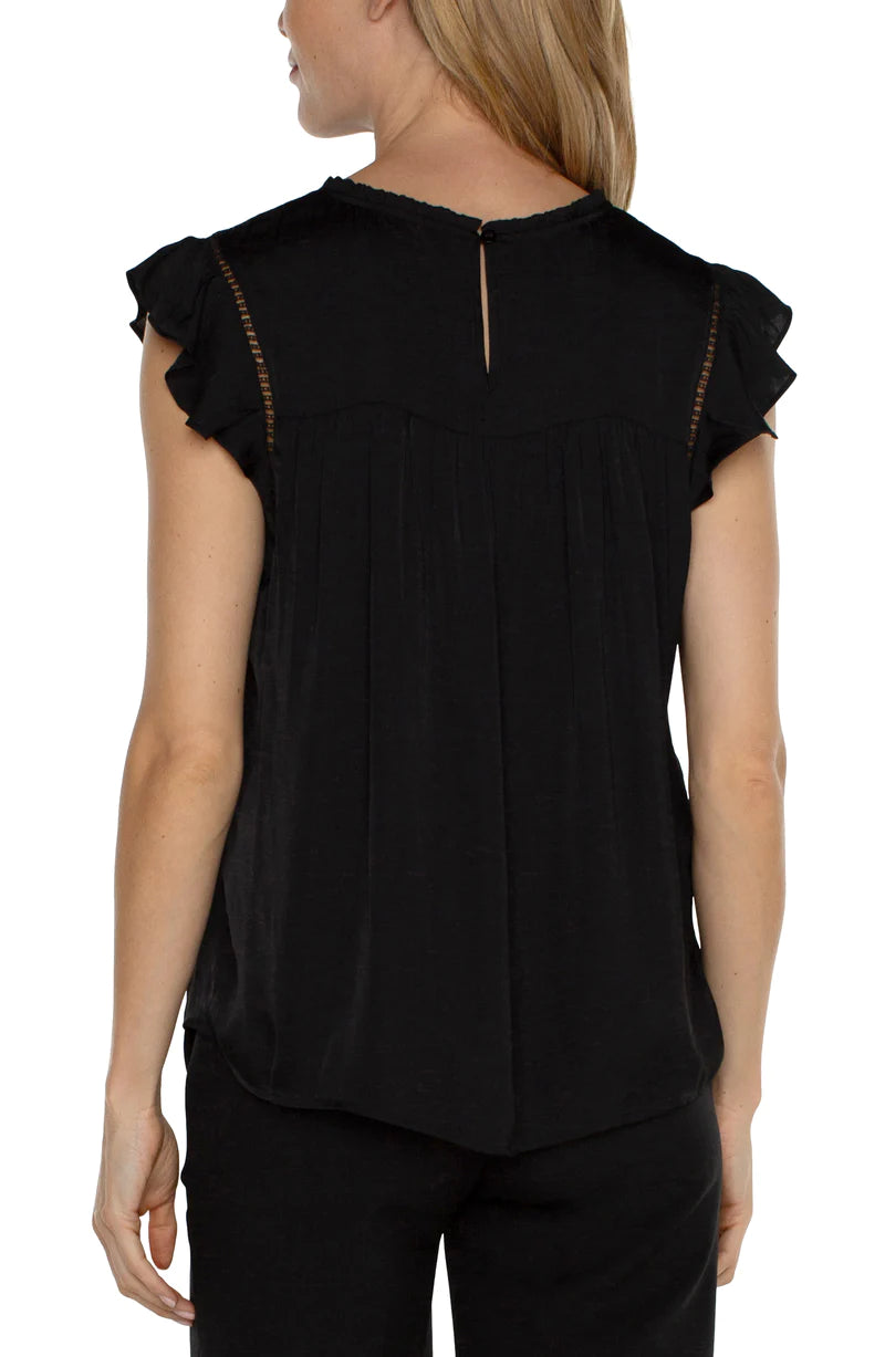 Flutter Sleeve Top w/trim detail Black Liverpool