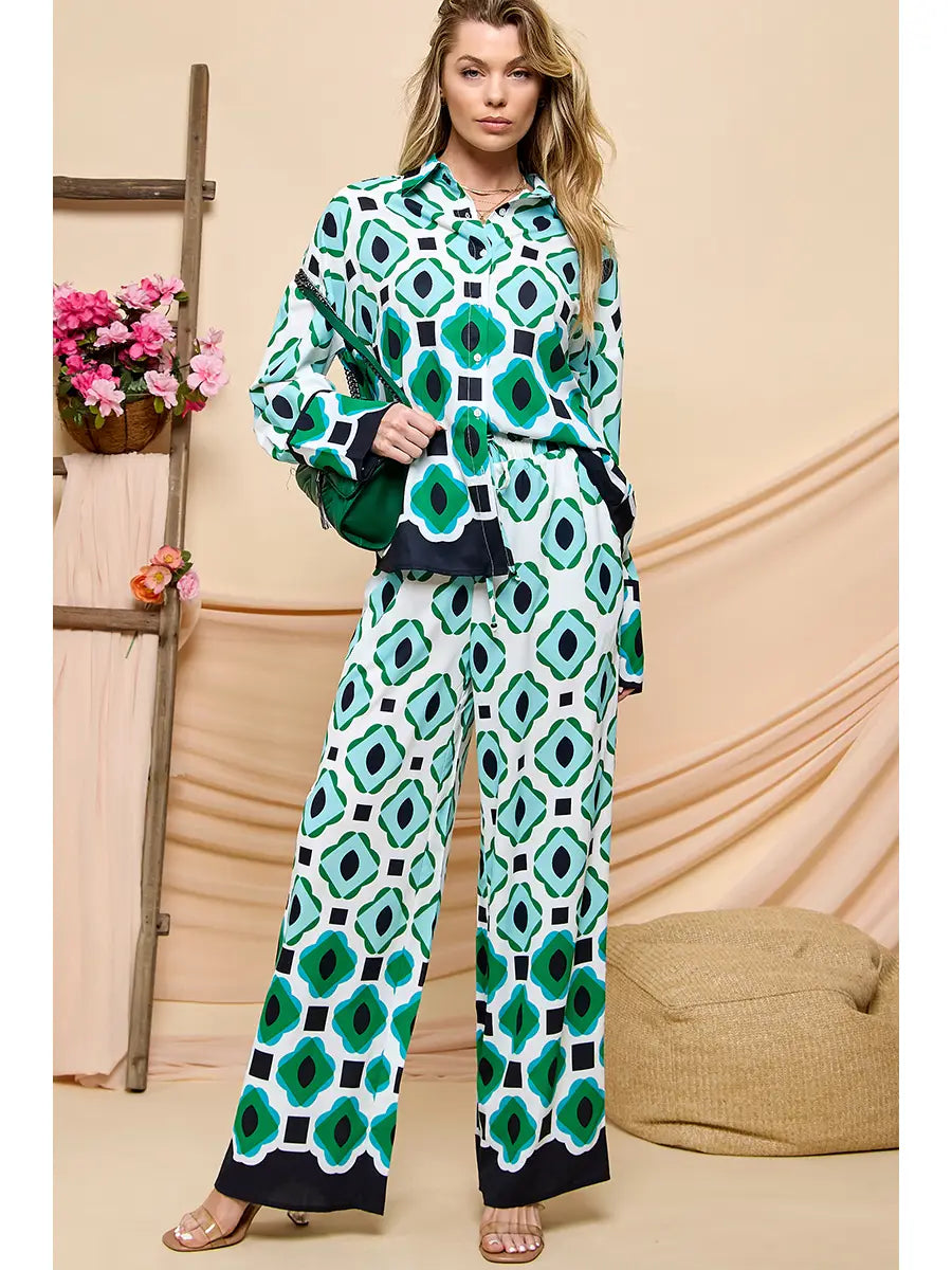 Geometric Print Long Sleeve Shirt and High Waist Wide Leg Pant