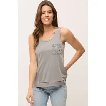 Grey Tank with lace pocket and trim detail