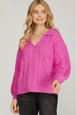 Long Sleeve Collar Cable Knit Sweater  Hot Pink