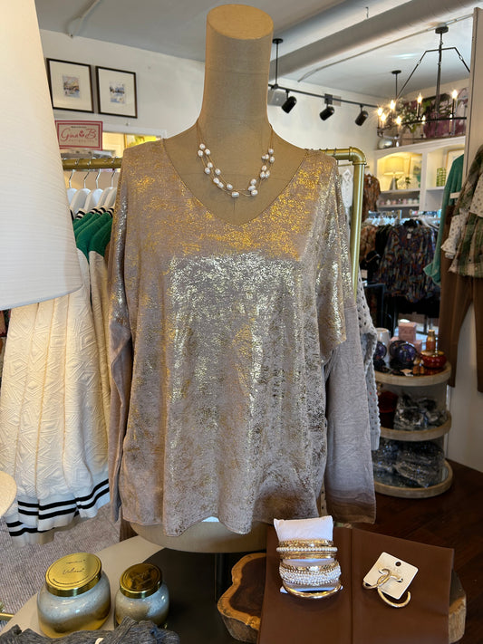 V Neck Gold Shimmer Top in Taupe