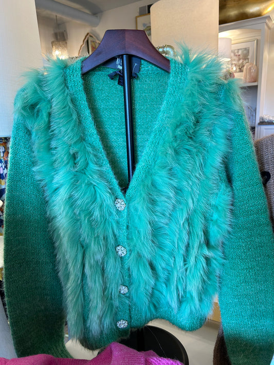 Sweater with Faux Fur & Jewel Buttons