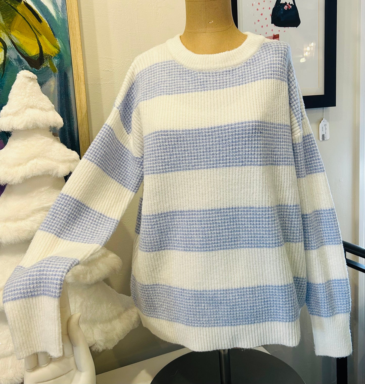 Powder Blue Stripe Crewneck Pullover Sweater