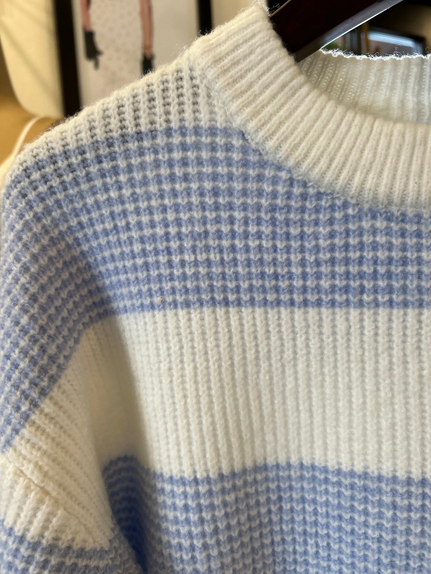 Powder Blue Stripe Crewneck Pullover Sweater