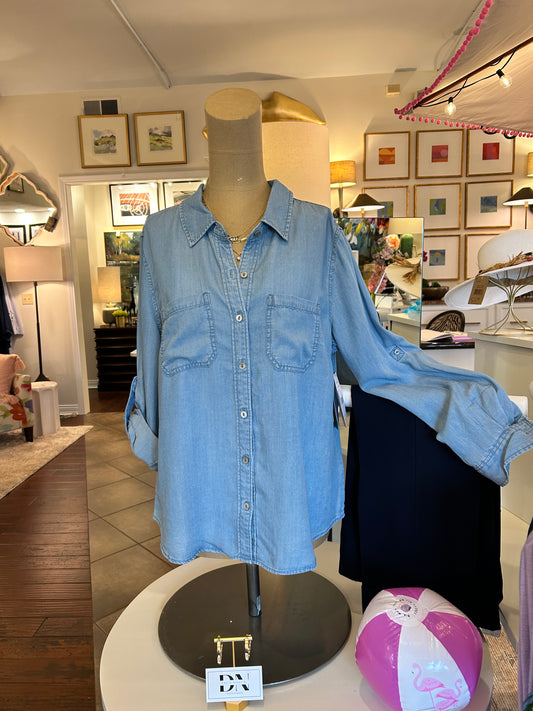 Denim Button Down Shirt Long Sleeve Roll Cuff Tencel