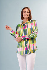 Satin Watercolor Stripes Blouse Button Down Front