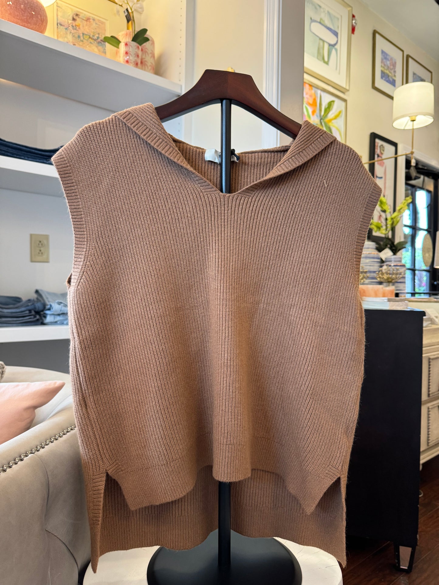 Brown Hooded Sleeveless Sweater