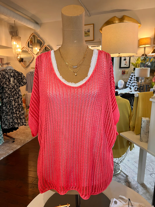 Open Knit Short Sleeve Sweater Raspberry