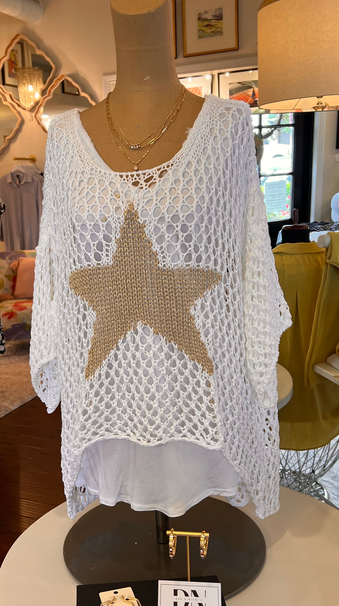 Crochet White Sweater w/Gold Star