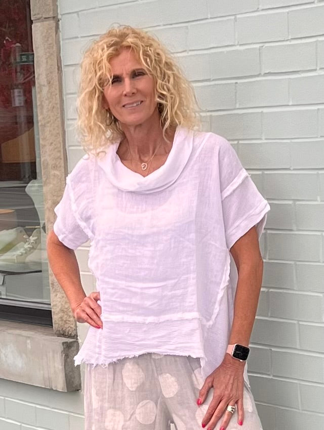 White linen short sleeve top