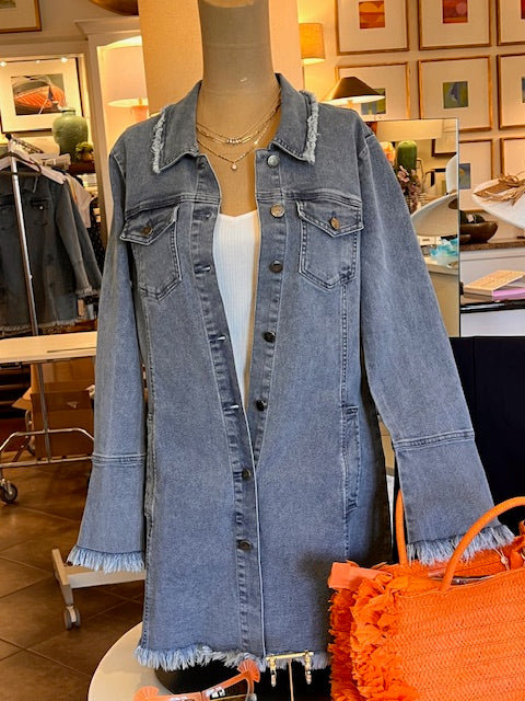 Long Denim Jacket with Frayed Hem