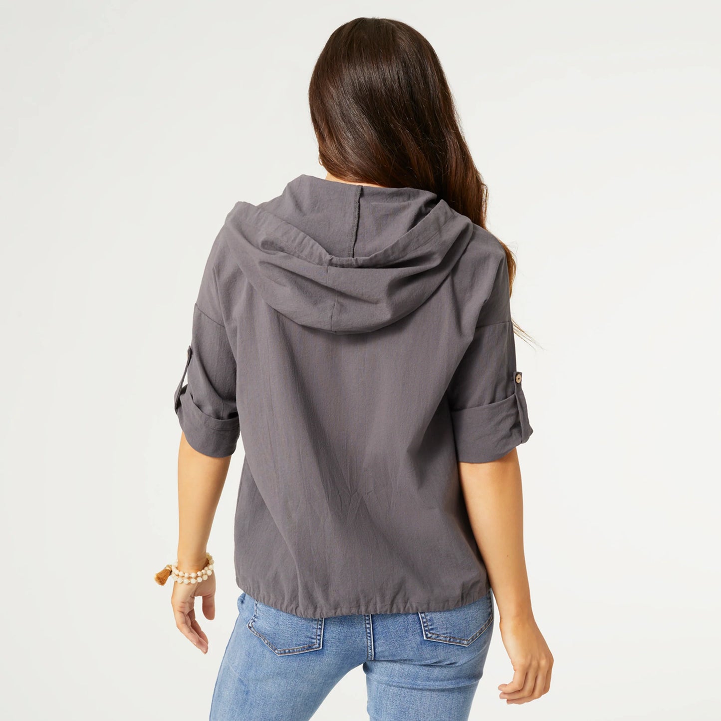 Kaliyah Hooded 3/4 sleeve Zip-Front Jacket- Grey