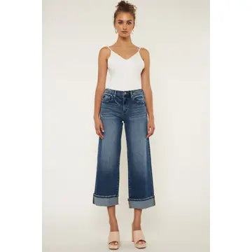 KanCan High Rise Cropped Wide Leg Jean Dark Wash