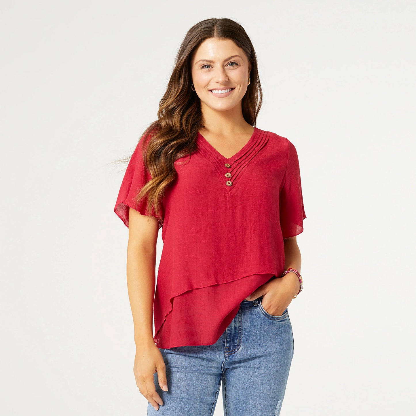 Loretta V-Neck with Tier Top - Raspberry