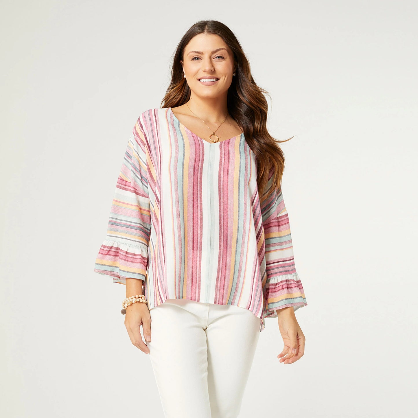 Millicent V-Neck top  Pink-Mint Stripe