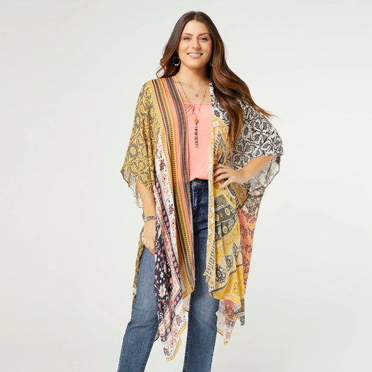 Mya Kimono Coral Mustard Patchwork