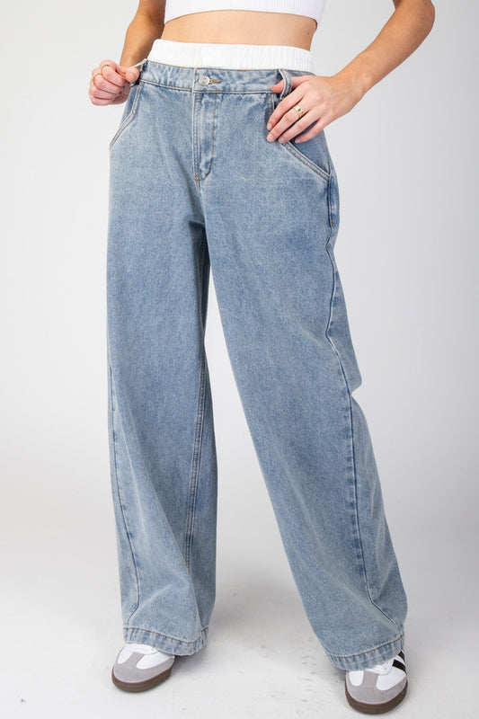 Mineral Washed Denim Straight Leg Pants