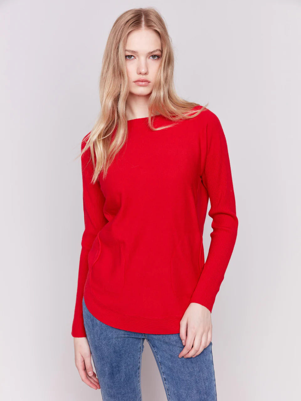 Round Hem Sweater w/Front Pocket and Lacing Detail