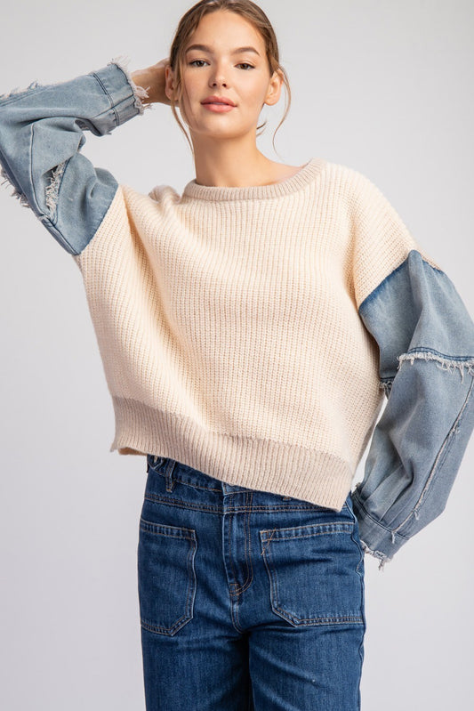 Denim sleeve sweater