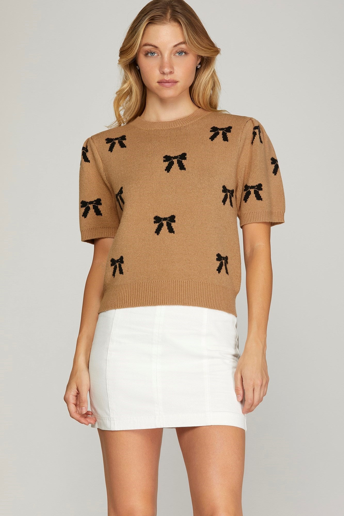 Puff Short Sleeve Bow Pattern Sweater