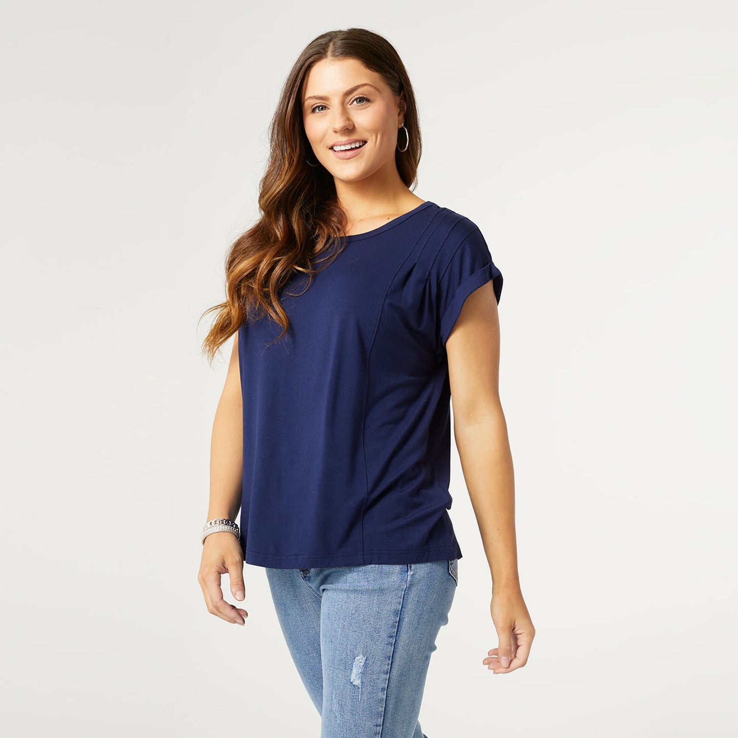 Silvia Rolled Cap Sleeve Tee-Navy