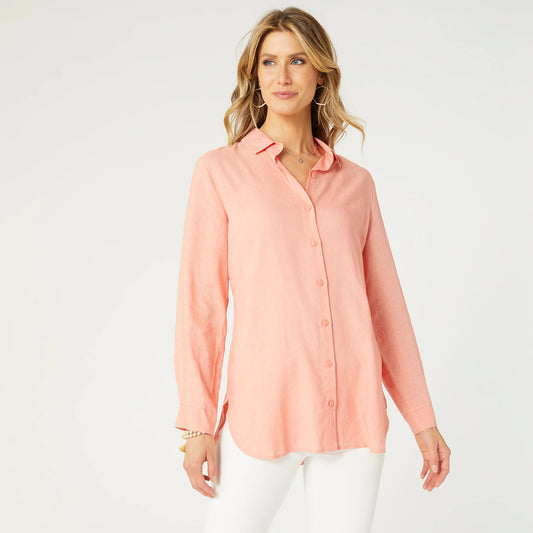 Skyla Button Down Tunic Top - Coral