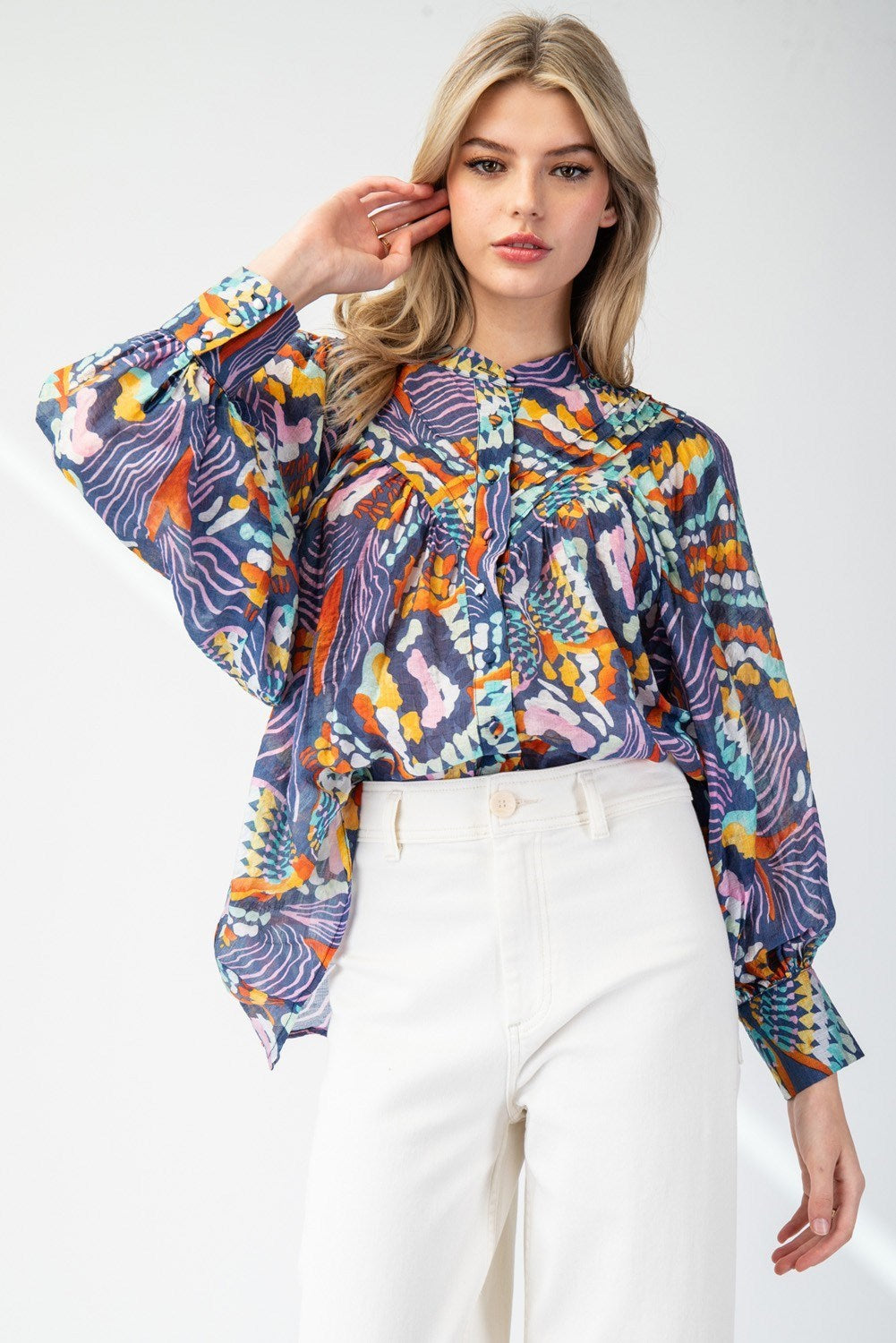 Printed bubble sleeve blouse Navy