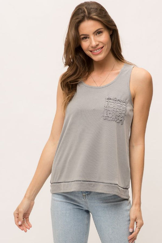 Embroidered tank with lace detail/ Grey