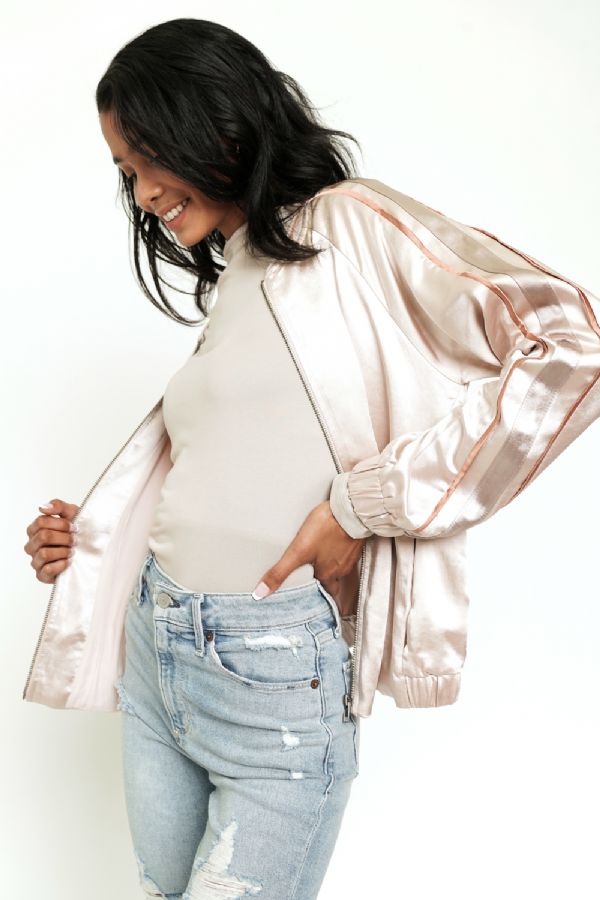 Satin Bomber Jacket w/stripe sleeves