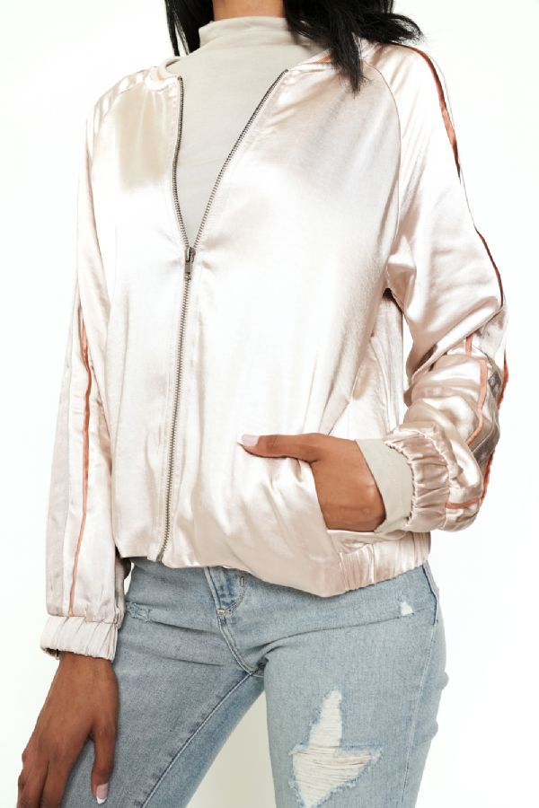 Satin Bomber Jacket w/stripe sleeves