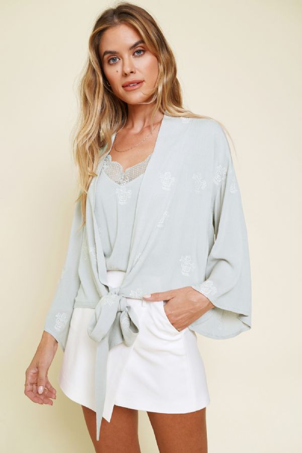 Embroidered Front Tie Kimono Cardigan Lt Grey