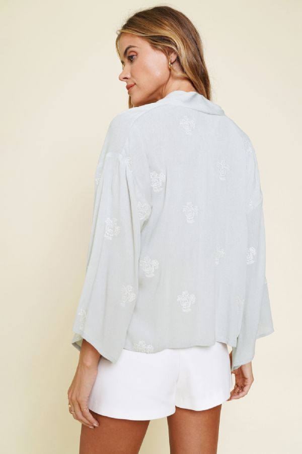 Embroidered Front Tie Kimono Cardigan Lt Grey