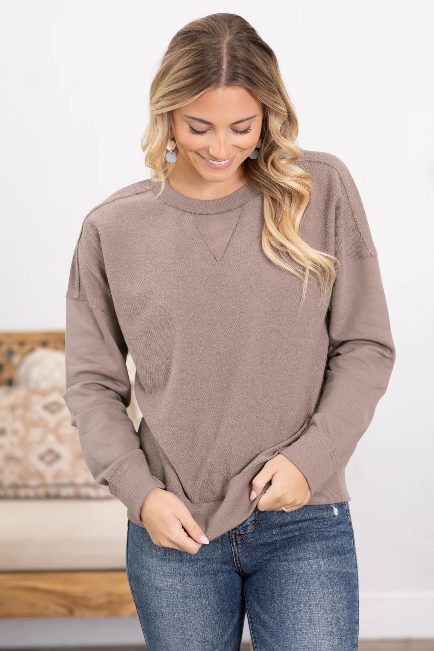 Crew Neck Terry Sweatshirt in Taupe