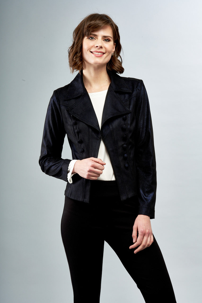 Vegan Metallic Faux Leather Jacket with Button Trim