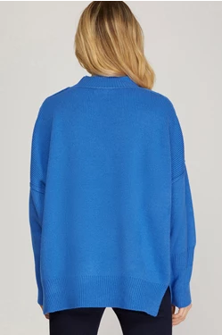 Drop Shoulder Oversized Mock Neck Sweater in Diva Blue