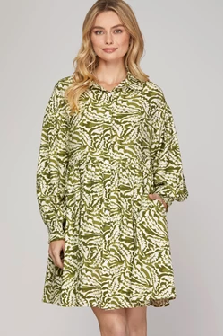 Smocked Long Sleeve Button Down Printed Dress with Side Pockets