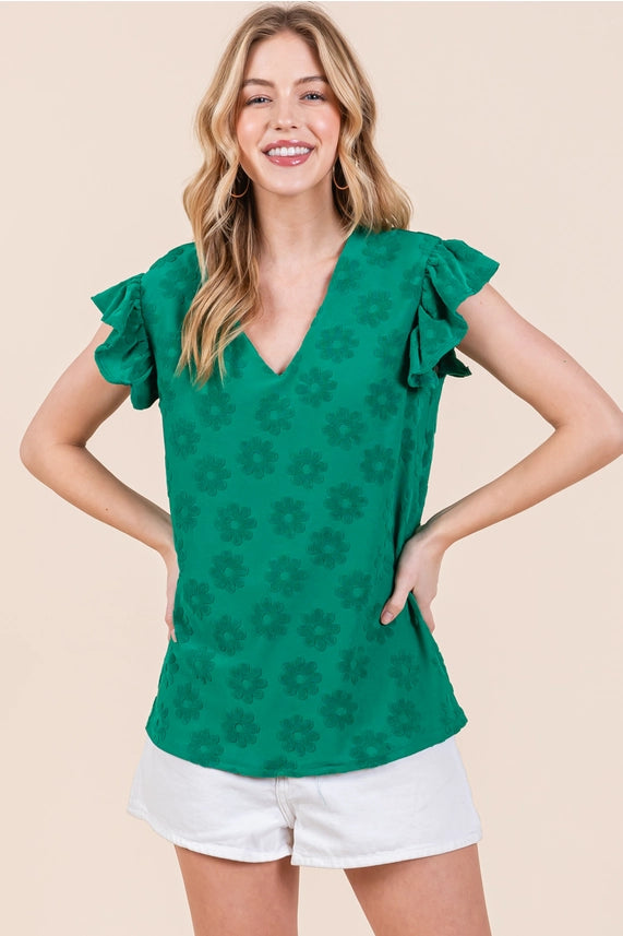 Green Ruffle Top with flowers