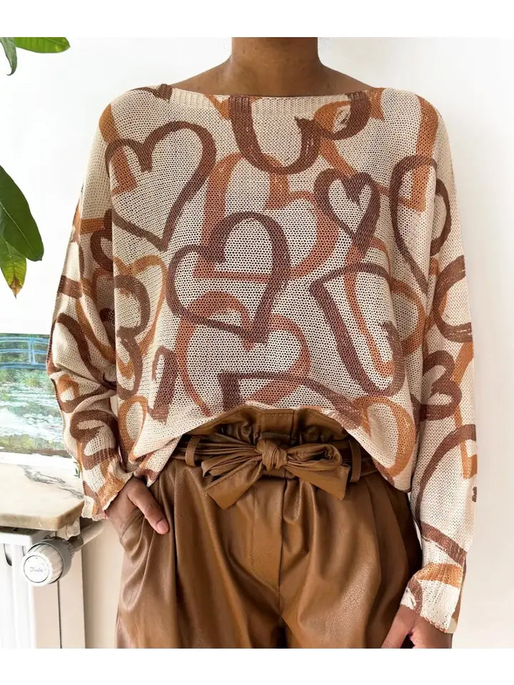 Light weight printed sweater Beigh Hearts