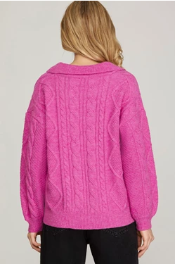 Long Sleeve Collar Cable Knit Sweater  Hot Pink